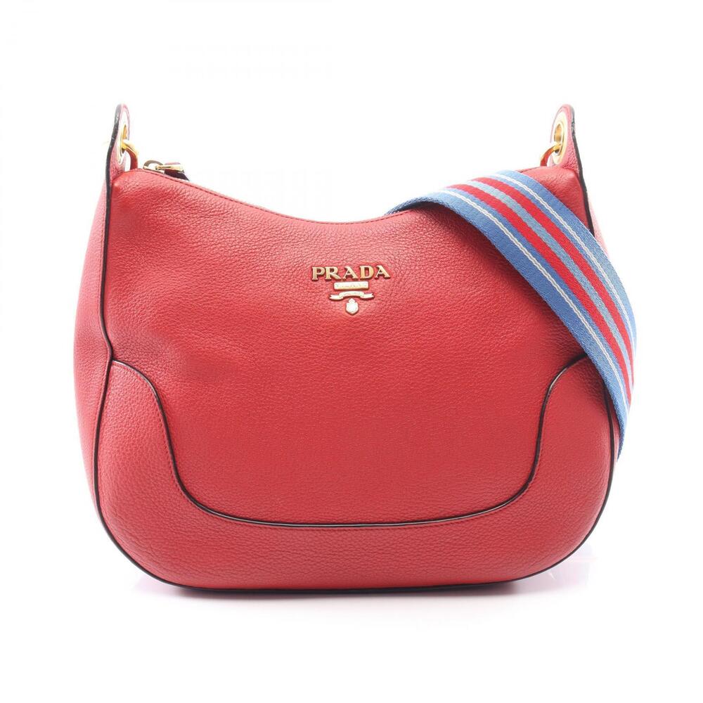 Prada Vitello Daino Hobo Bag striped shoulder strap Leather Red